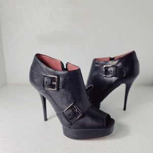 LUXURY REBEL Open Toe Buckle Stiletto Heel Black Ankle Boot Womens 9